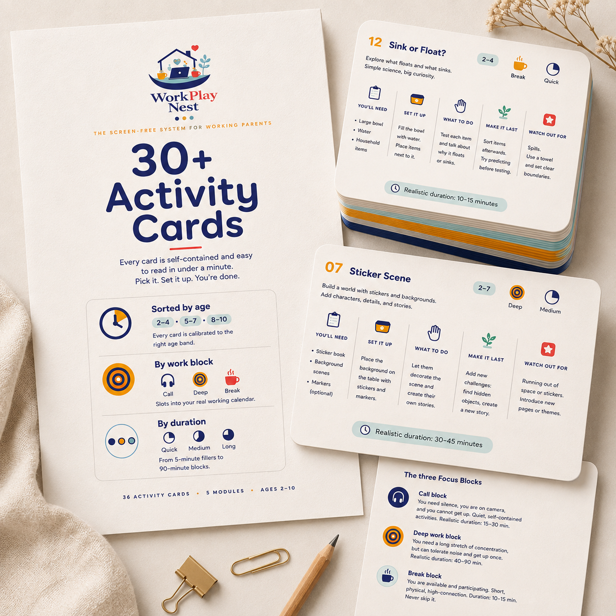 Activity Card Deck preview showing screen-free cards sorted by age and minutes